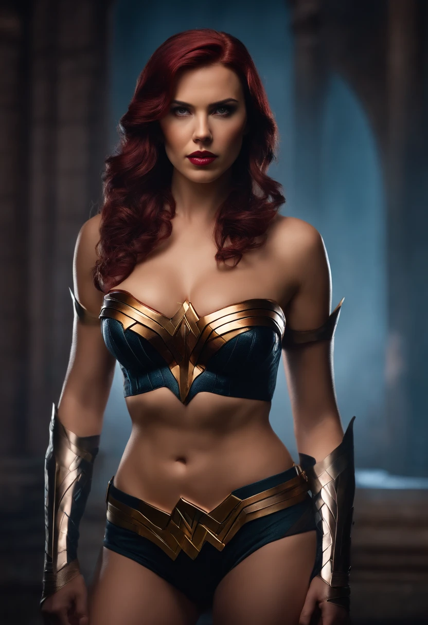 Scarlett Johansson, (strappy:1.3), (BDSM:1.1), Beautiful body, Beautiful breasts, Shorts, Burgundy hair, Cosplay Wonder Woman, filmed in dslr, Detailed face, Cinematography, max details, com cores neutras, hdr, pastel colour, Soft cinematic light, insanely details, Intricate details, ultra - detailed, Masterpiece, 8K, the wallpaper, (Detailed), High quality, ((highdetailskin, skin detailed)), Sharp focus, 8K  UHD, Digital SLR, filmgrain