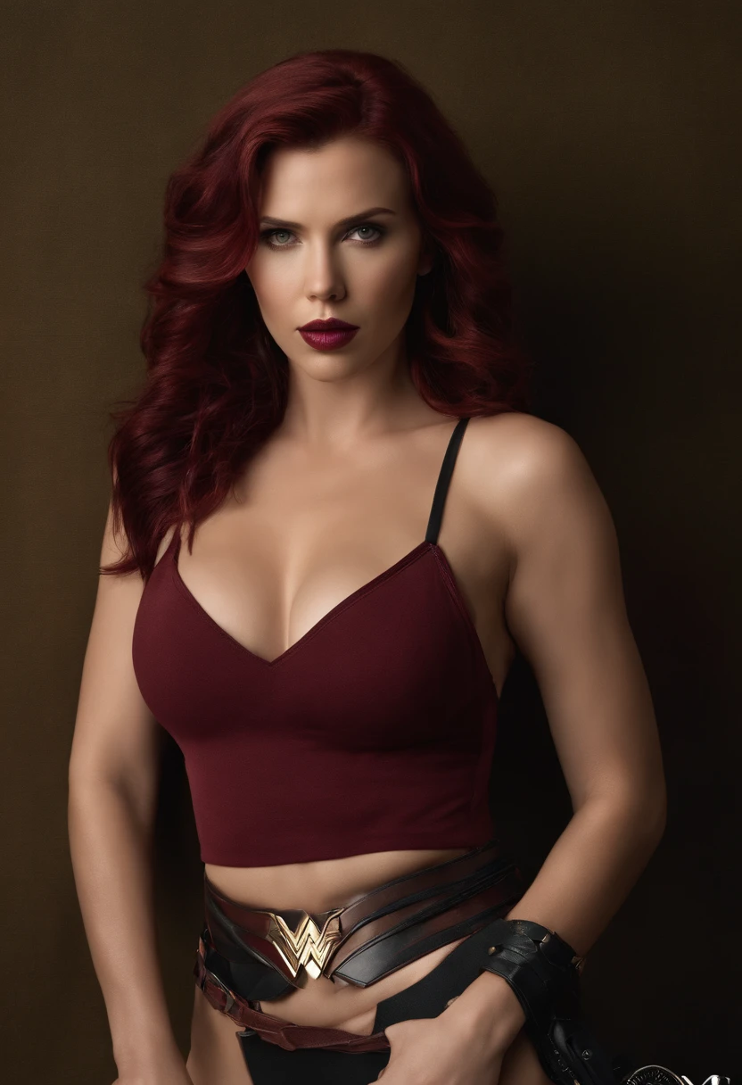 Scarlett Johansson, (strappy:1.3), (BDSM:1.1), Beautiful body, Beautiful breasts, Shorts, Burgundy hair, Cosplay Wonder Woman, filmed in dslr, Detailed face, Cinematography, max details, com cores neutras, hdr, pastel colour, Soft cinematic light, insanely details, Intricate details, ultra - detailed, Masterpiece, 8K, the wallpaper, (Detailed), High quality, ((highdetailskin, skin detailed)), Sharp focus, 8K  UHD, Digital SLR, filmgrain
