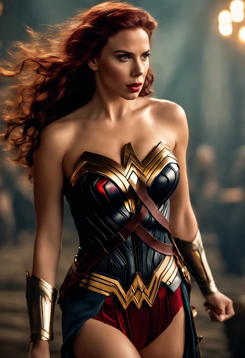 Scarlett Johansson, (strappy:1.3), (BDSM:1.1), Beautiful body, Beautiful breasts, Shorts, Burgundy hair, Cosplay Wonder Woman, filmed in dslr, Detailed face, Cinematography, max details, com cores neutras, hdr, pastel colour, Soft cinematic light, insanely details, Intricate details, ultra - detailed, Masterpiece, 8K, the wallpaper, (Detailed), High quality, ((highdetailskin, skin detailed)), Sharp focus, 8K UHD, Digital SLR, filmgrain