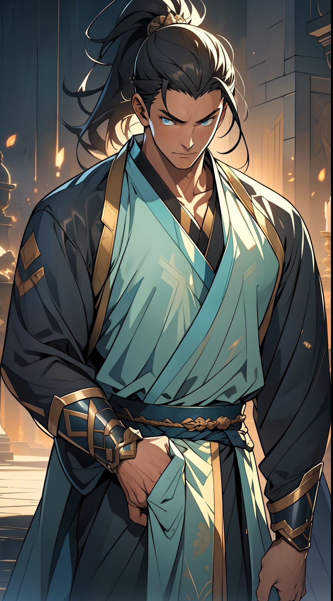 quadratic element，style of anime，mtu（Male Warrior），The proportions are correct，Face details，swordsmen，High ponytail hairstyle，Neck details，There is an Adam's apple，Yellow suit，kaftan，yellow robes，clothes details，Handing over，longer sleeves，Game quality，Swordsmanship，Light and shadow tracking，Ray traching，detailed glow，cg render，hair detail，cabelos preto e longos，blue colored eyes，Handsome，Handsome，（juvenile sense），Clothing is complicated，Perfectcomposition，Refinement，high qulity，higher details，Lots of details，The background is complex，a sense of atmosphere，
