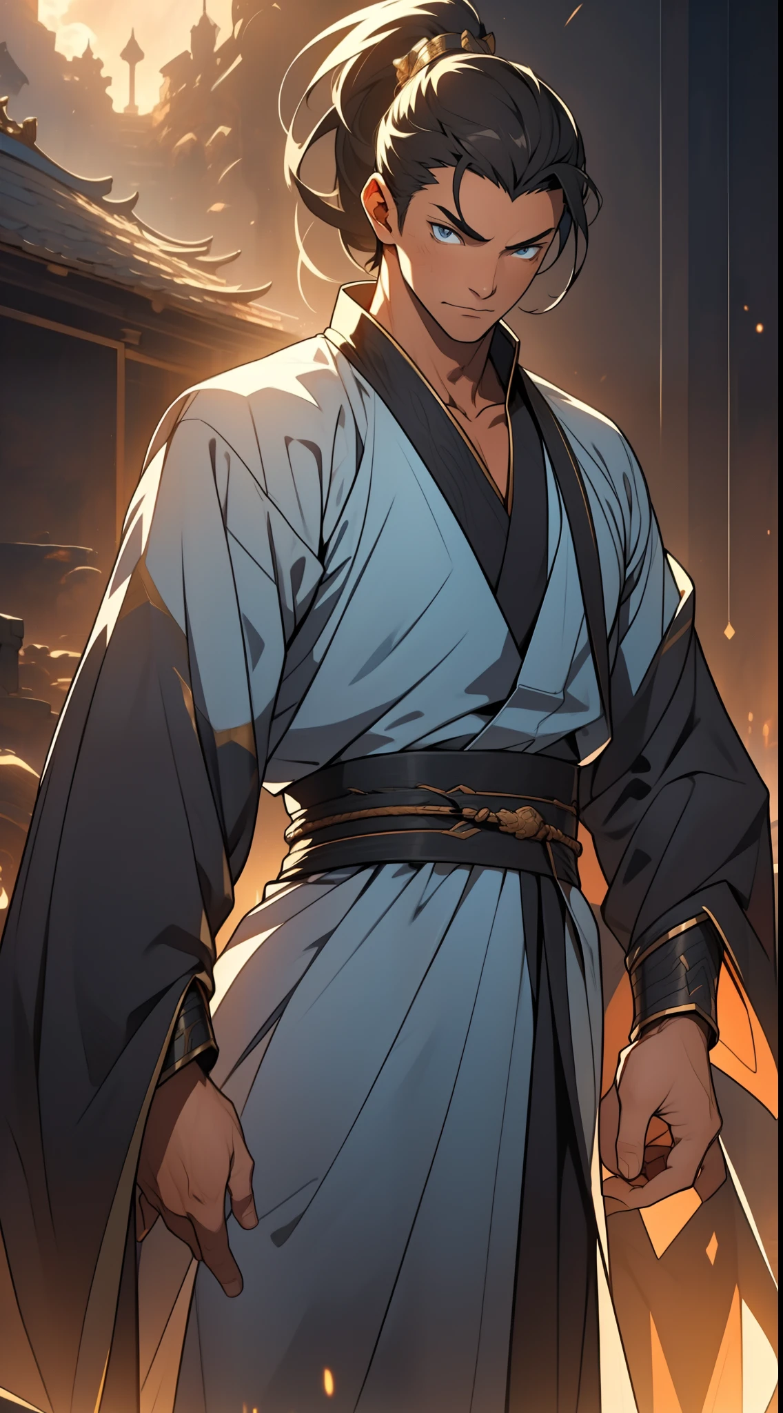 quadratic element，style of anime，mtu（Male Warrior），The proportions are correct，Face details，swordsmen，High ponytail hairstyle，Neck details，There is an Adam's apple，Yellow suit，kaftan，yellow robes，clothes details，Handing over，longer sleeves，Game quality，Swordsmanship，Light and shadow tracking，Ray traching，detailed glow，cg render，hair detail，cabelos preto e longos，blue colored eyes，Handsome，Handsome，（juvenile sense），Clothing is complicated，Perfectcomposition，Refinement，high qulity，higher details，Lots of details，The background is complex，a sense of atmosphere，