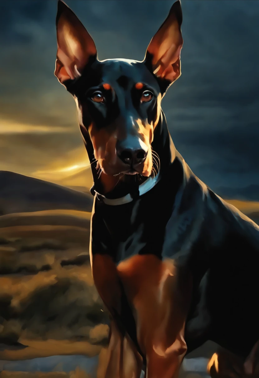 (3. Do art:1.3), nvinkpunk, joint, The terrible technology organic mutation (Doberman), Portrait, back lit lighting, abstracted, Painting, painted by famous artists, Ethereal, Liquid, abstracted, Masterpiece, Highly detailed, Best quality, Highest quality, Realistic lighting, ultra - detailed, hyper photorealism, colours, Colorful, social clothes