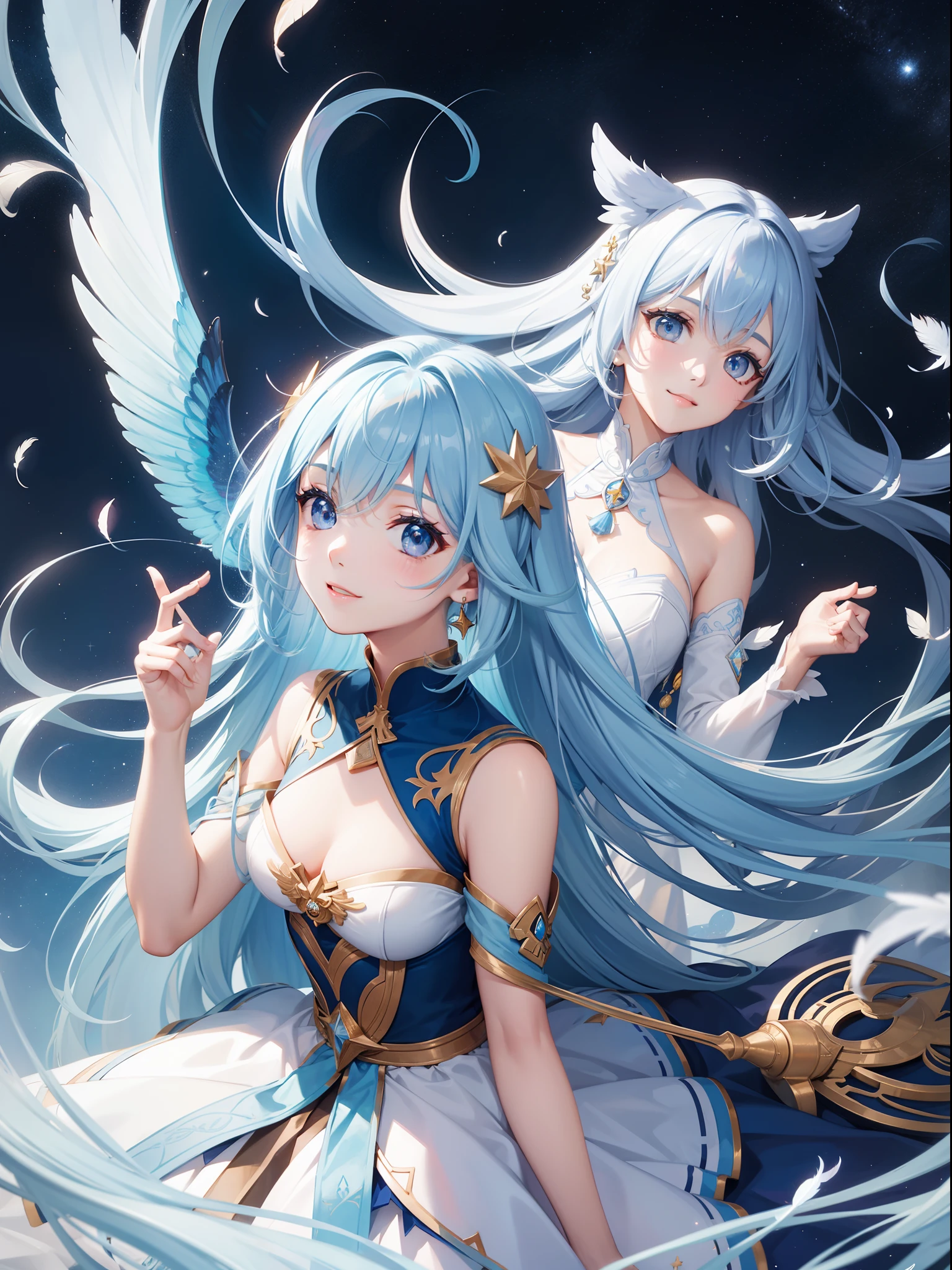 lightblue hair, Japanese cartoon, 电影灯光, hyper HD, super detailing, Best quality at best,With a perfect face and beautiful face, A girl wearing a blue sky dress and black stockings, It's like she's in wonderland. Holding a sharp sword, He has a fairy-like temperament, There are clouds on my feet、Lucky feet. There are blue Chinese dragons around him. He wearing blue sky clothes,Like a fairy. He gentle, His movements are quiet and graceful, His feet are bare.
