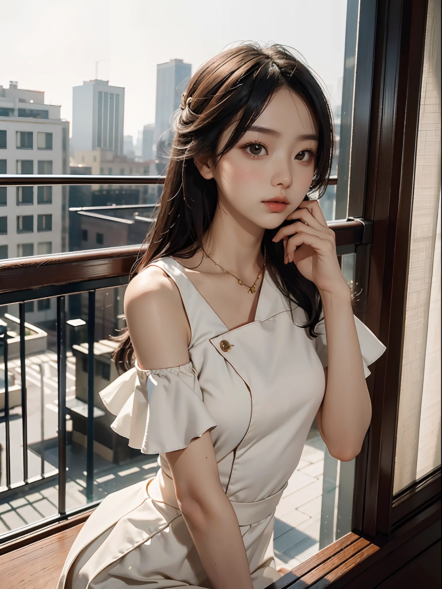 best qualtiy,tmasterpiece,超高分辨率,(fidelity:1.4),RAW photogr,1girl,cropped shoulders,On the balcony