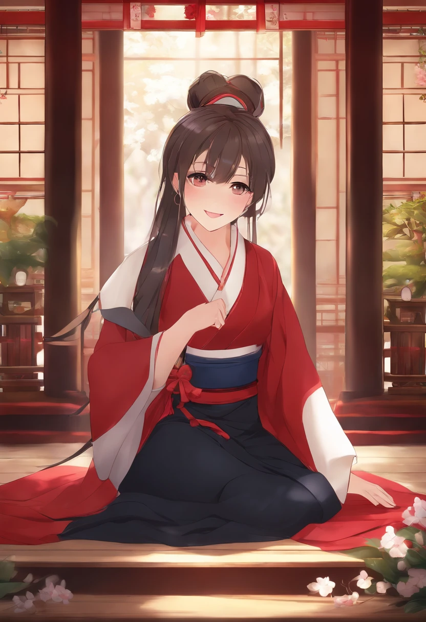 Masterpiece, Best quality, A high resolution, 1girll, Honoka, miko, Hakama skirt, Sitting, Shrine, Smile