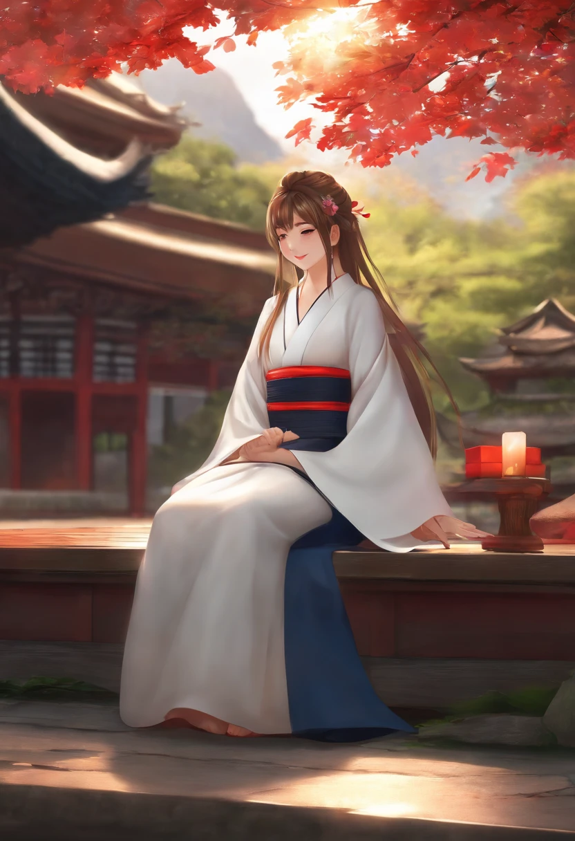 Masterpiece, Best quality, A high resolution, 1girll, Honoka, miko, Hakama skirt, Sitting, Shrine, Smile