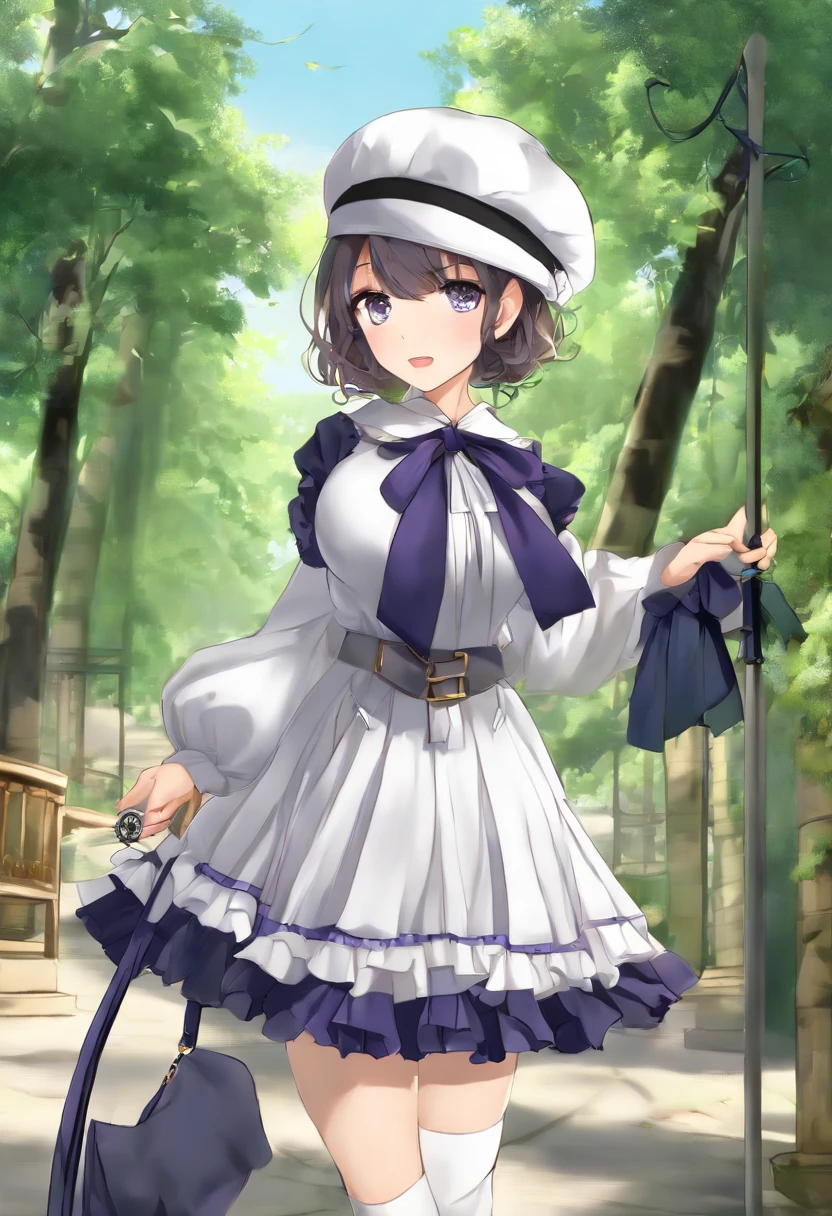 (iwanagadress:1.2), (iwanagakotoko:0.9),(beret:1.8), iwanagakotoko, 1girll, beret, Black bow, Blue skirt, bow, brownfootwear, Cane, dress, Hair accessories hair bye, Hat, Holding, holding cane, Juliet sleeves, Light brown hair, Long sleeves, view the viewer, pettycoat, Puffy sleeves, Purple eyes, Short hair, Skirt, Solo, thigh band, upper legs, White dress, White headwear, white thighhighs, kyokou suiri