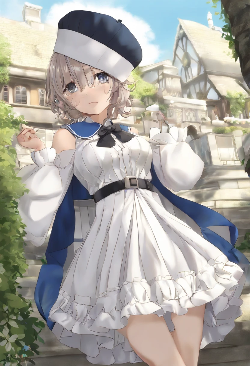 (iwanagadress:1.2), (iwanagakotoko:0.9),(beret:1.8), iwanagakotoko, 1girll, beret, Black bow, Blue skirt, bow, brownfootwear, Cane, dress, Hair accessories hair bye, Hat, Holding, holding cane, Juliet sleeves, Light brown hair, Long sleeves, view the viewer, pettycoat, Puffy sleeves, Purple eyes, Short hair, Skirt, Solo, thigh band, upper legs, White dress, White headwear, white thighhighs, kyokou suiri