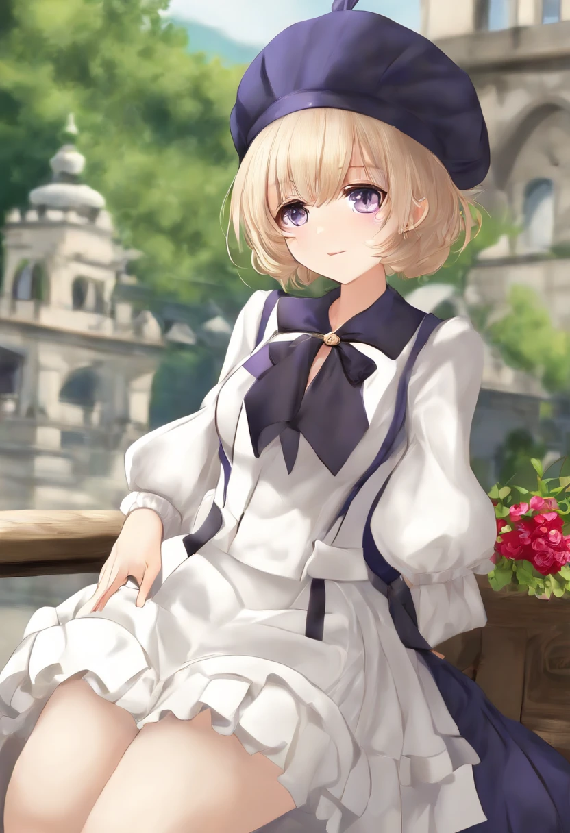 (iwanagadress:1.2), (iwanagakotoko:0.9),(beret:1.8), iwanagakotoko, 1girll, beret, Black bow, Blue skirt, bow, brownfootwear, Cane, dress, Hair accessories hair bye, Hat, Holding, holding cane, Juliet sleeves, Light brown hair, Long sleeves, view the viewer, pettycoat, Puffy sleeves, Purple eyes, Short hair, Skirt, Solo, thigh band, upper legs, White dress, White headwear, white thighhighs, kyokou suiri