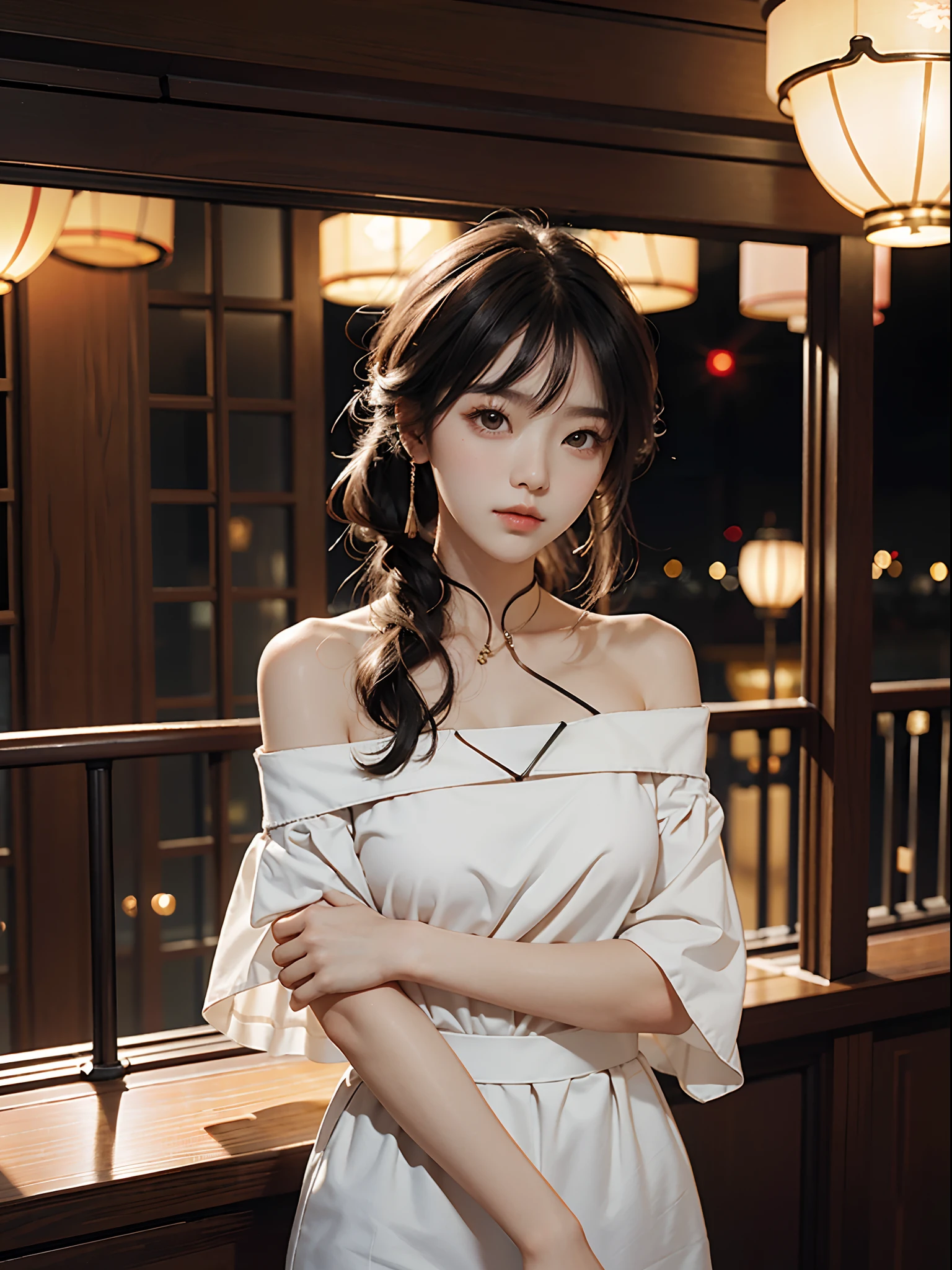 best qualtiy,tmasterpiece,超高分辨率,(fidelity:1.4),RAW photogr,1girl,cropped shoulders,On the balcony