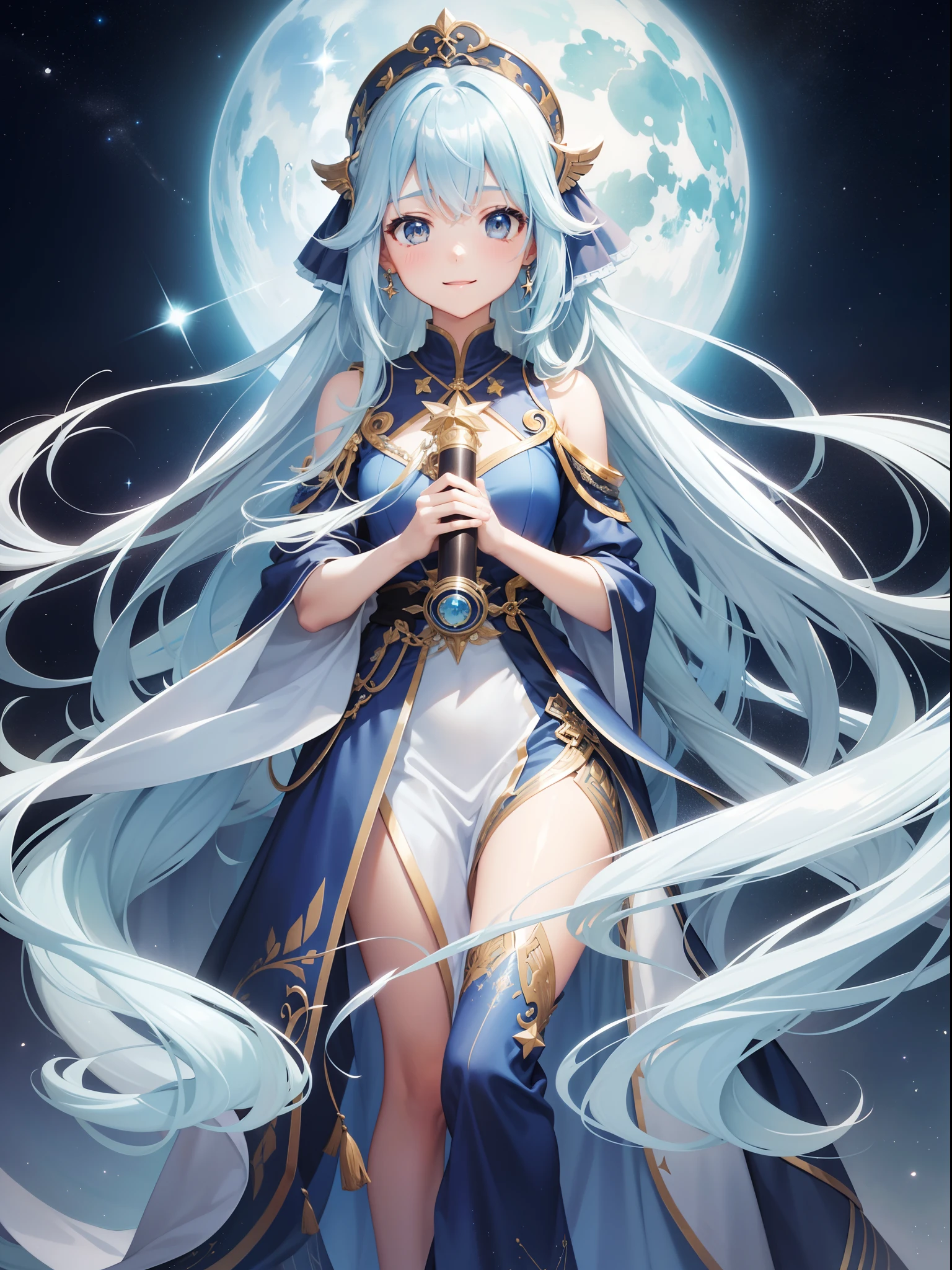 Beautiful feathers in watercolor、stele、kosmos、Girl exploring space、Light blue long hair、Twin-tailed、A charming smile、full body Esbian、Lateral face、fantasy illustrations、face perfect、Beautiful faces and stars、Flowing beautiful hair、beautiful countenance、face perfect、Black eyes、tenderness、Flowing Dresses、Vivid vivid colors、intricate detailes、Hyper-detailing、Hyper-detailing、hyper quality