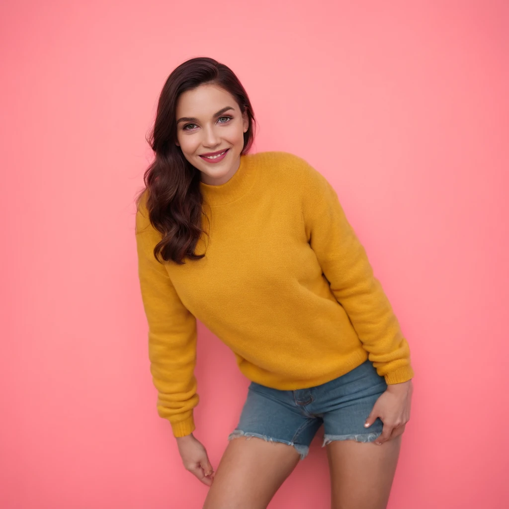 A surreal photo of smiling young woman wearing high heels and yellow sweater on pink background, styled by Patricia Piccinini, minimalist background, flickr, Loretta Lux, noise photography, Emotional face, Daniela Uhlig, ultra high definition photo, clean sharp focus, I can't believe how beautiful this is, HDR, upper body