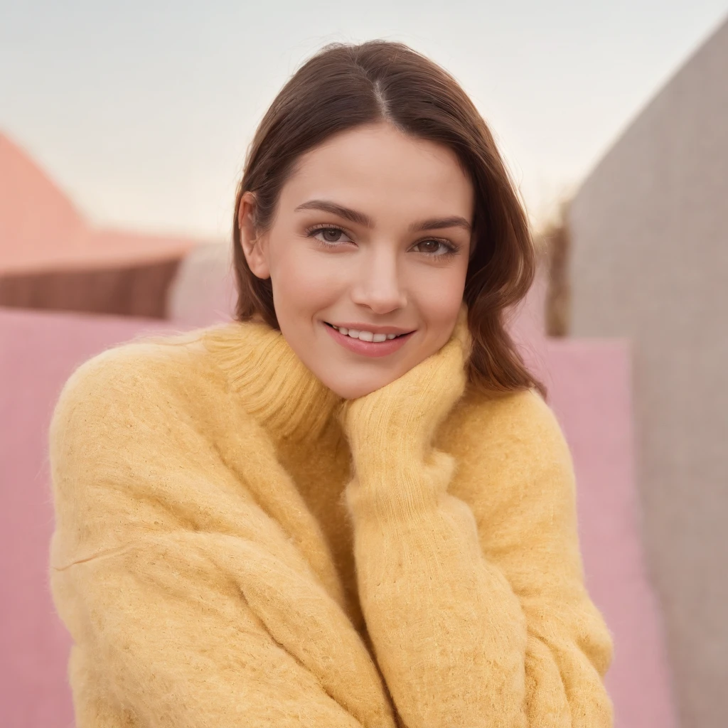 A surreal photo of smiling young woman wearing high heels and yellow sweater on pink background, styled by Patricia Piccinini, minimalist background, flickr, Loretta Lux, noise photography, Emotional face, Daniela Uhlig, ultra high definition photo, clean sharp focus, I can't believe how beautiful this is, HDR, upper body