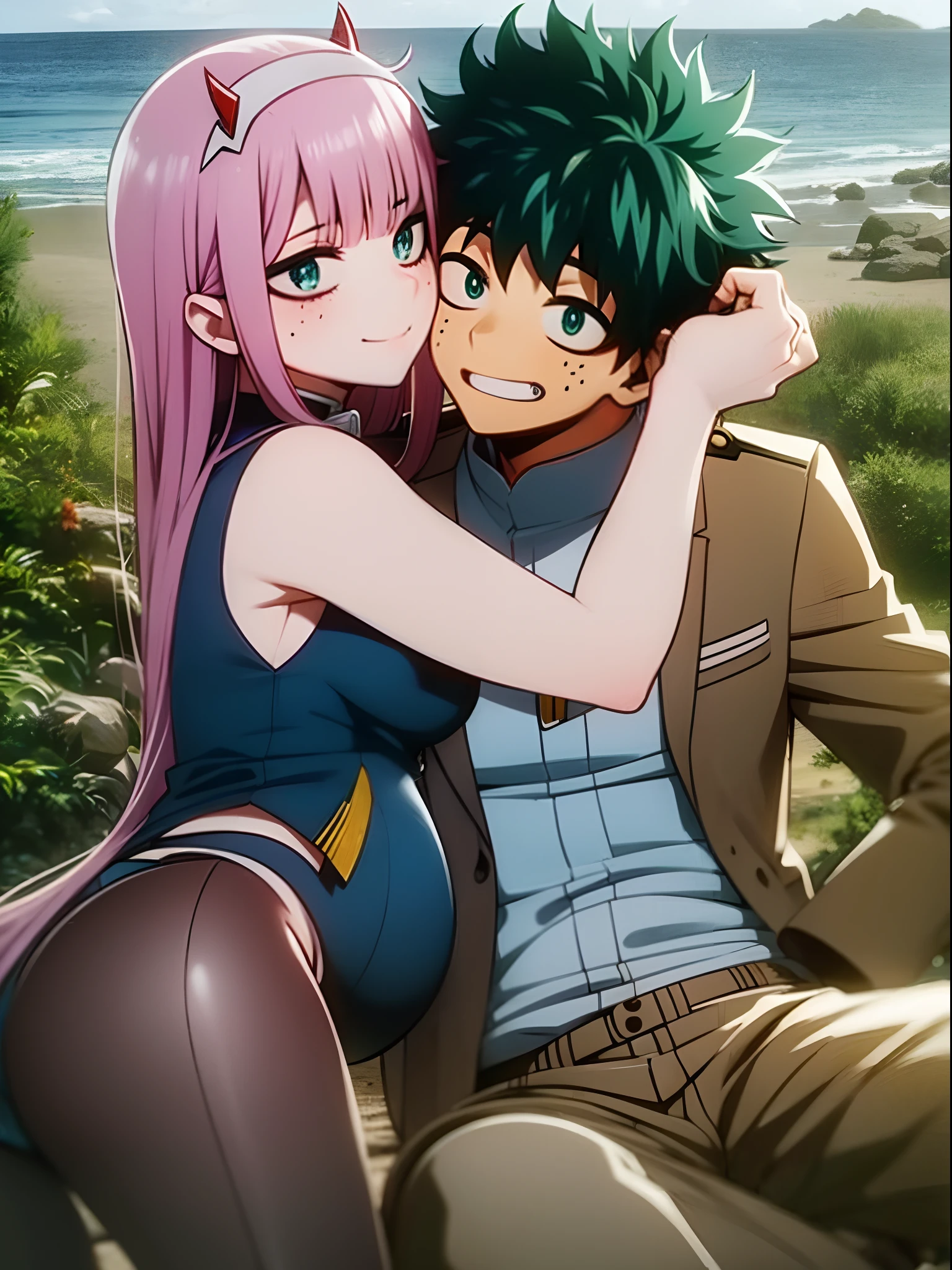 zero two, 1girl, zero two naked_shirt,vest_print:, izuku from bnha, izuku and zero two being a lovey dovey couple very affective in a beach, izuku with pants and pullover, love , happy, ,1girl, hug, zero two (pregnant),sitting