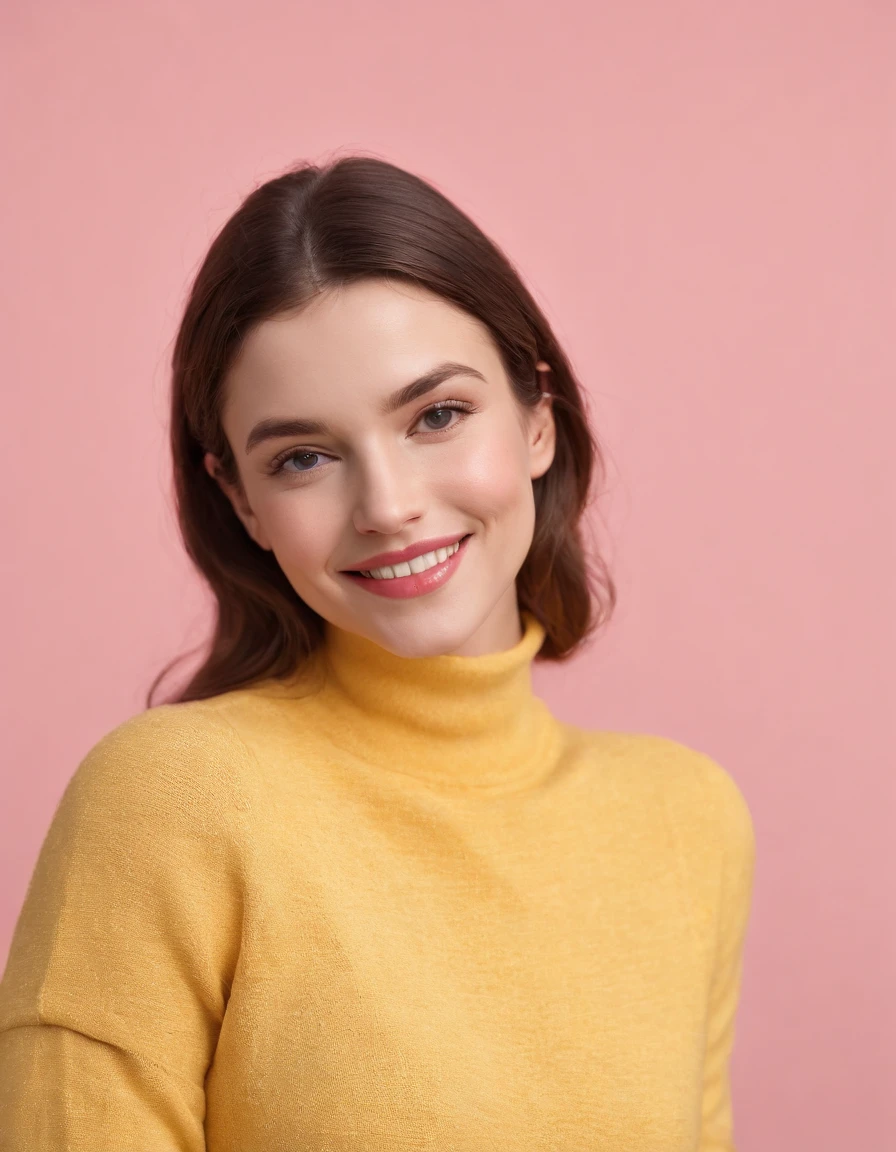 A surreal photo of smiling young woman wearing high heels and yellow sweater on pink background, styled by Patricia Piccinini, minimalist background, flickr, Loretta Lux, noise photography, Emotional face, Daniela Uhlig, ultra high definition photo, clean sharp focus, I can't believe how beautiful this is, HDR, upper body