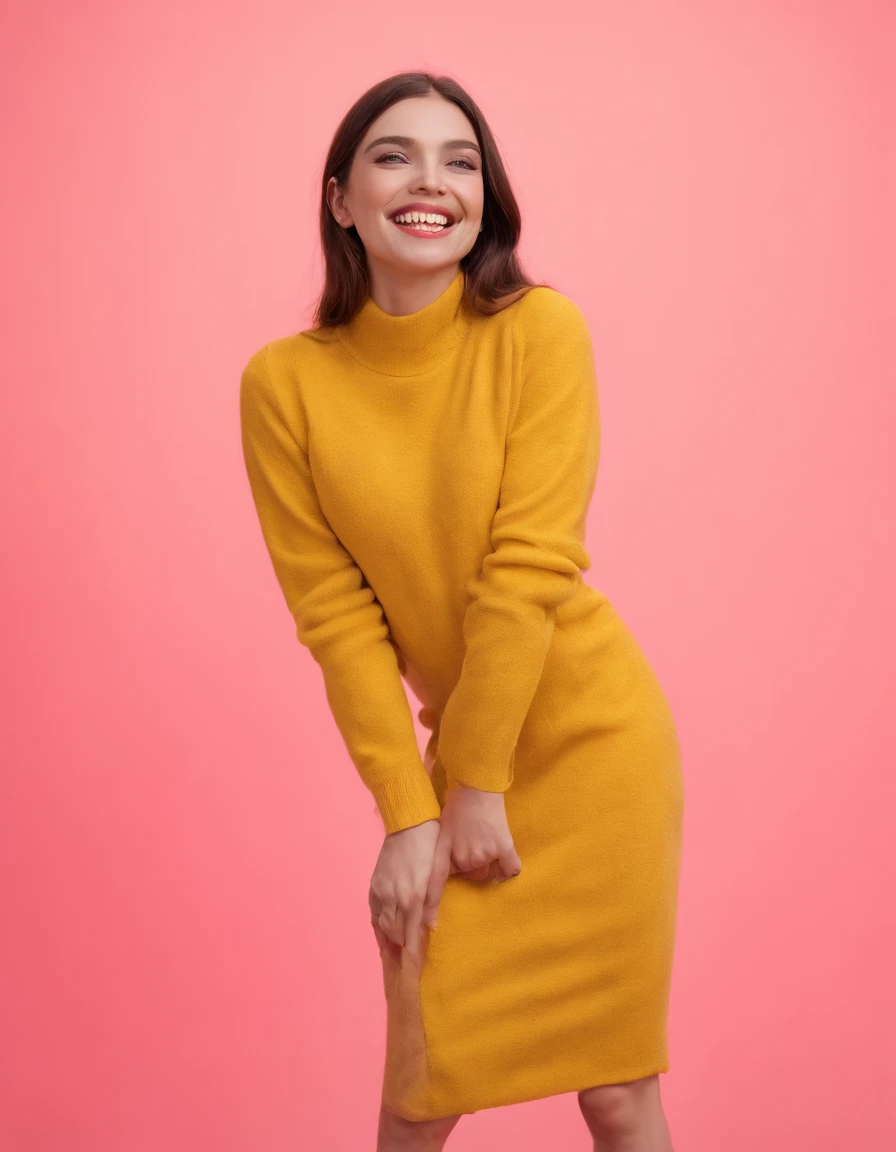 A surreal photo of smiling young woman wearing high heels and yellow sweater on pink background, styled by Patricia Piccinini, minimalist background, flickr, Loretta Lux, noise photography, Emotional face, Daniela Uhlig, ultra high definition photo, clean sharp focus, I can't believe how beautiful this is, HDR, upper body