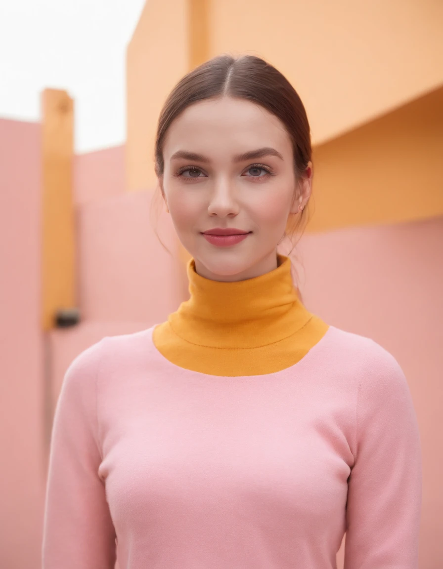 A surreal photo of smiling young woman wearing high heels and yellow sweater on pink background, styled by Patricia Piccinini, minimalist background, flickr, Loretta Lux, noise photography, Emotional face, Daniela Uhlig, ultra high definition photo, clean sharp focus, I can't believe how beautiful this is, HDR, upper body