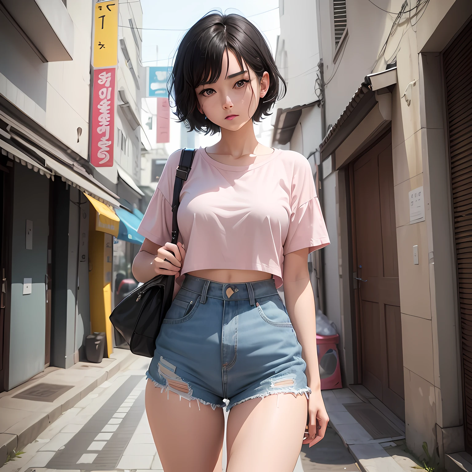 cute girl, dora the explorer, Pink shirt, showing belly, orange shorts, white shoes, rose-shaped watch, purple bag, short shirt, sexy, porn