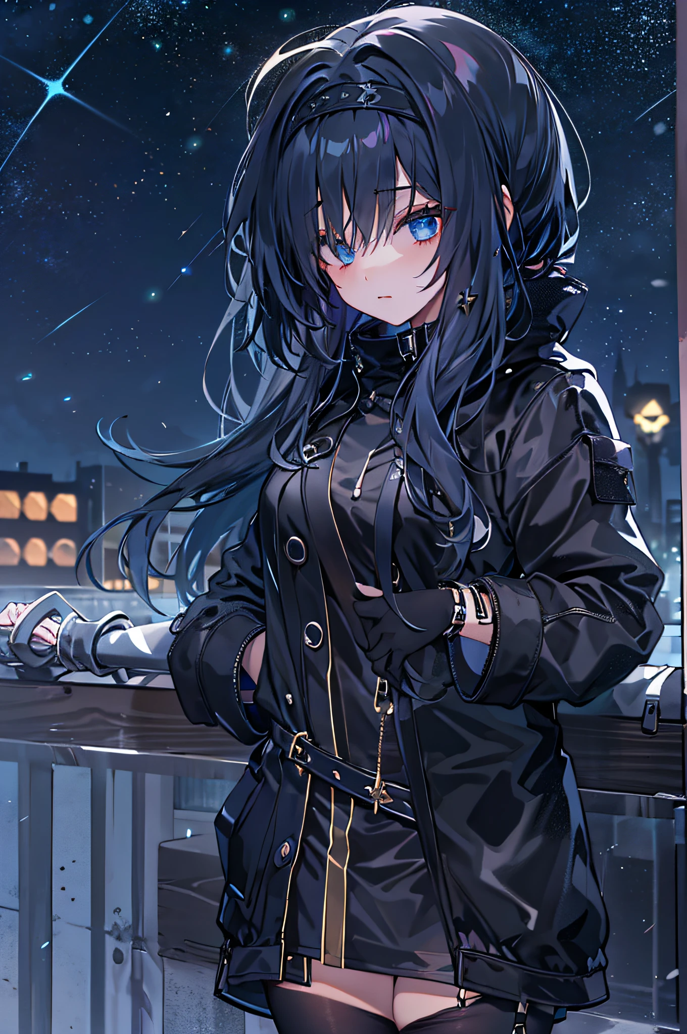 black pantyhoses,Starry eyes,Black parka,starrysky,the night,Dark blue hair,side pony tail,long whitr hair,black knee boots,black sash,Hair covers one eye,bit girl,waiting to start