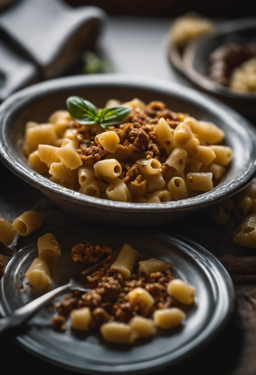 pasta e faggioli and dukkah plate, on table outside, using the Sony Alpha A7R IV, food photograpy style, macro lens, close up shot 50mm f/ 1, 4