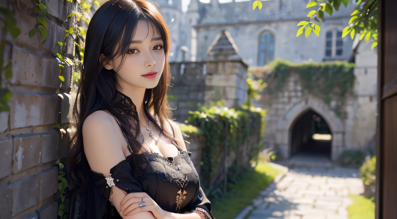 (ultra-realistic realism)、(illustratio)、(A high resolution)、(8K)、(The is very detailed)、(Best Illustration)、(Beautifully detailed eyes)、(top-quality)、(ultra - detailed)、(tmasterpiece)、(the wallpaper)、(A detailed face)、独奏、1 girl in、looking at viewert、finedetail、A detailed face、in the darkness nigth、deep shading、low tune、pureerosfaceace_V1、A smile、Long、Black shawl straight hair、46-point diagonal bangs, (silk dress、long skirt)(cropped shoulders)The view of the castle、、Stand against the wall
