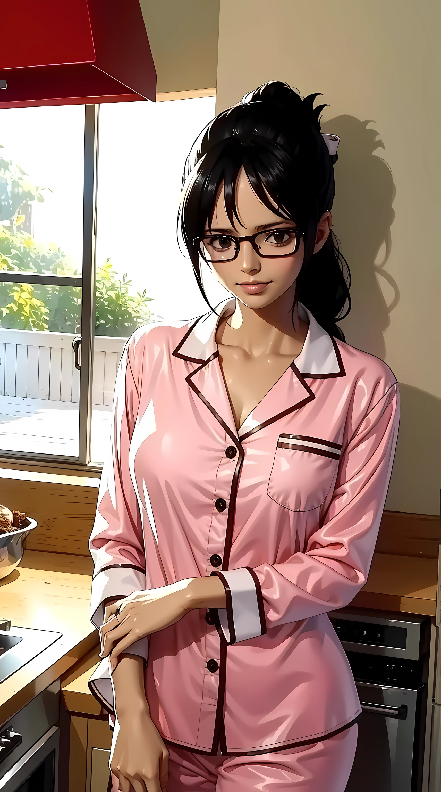 Tashigi, wearing glasses, long hair, black hair, ponytail, ponytail, beautiful, beautiful woman, perfect body, perfect breasts, wearing white pajamas, pajamas, sleepwear, in the kitchen, clear kitchen, looking at the viewer, a slight smile, realism , masterpiece, textured leather, super detail, high detail, high quality, best quality, 1080p, 16k