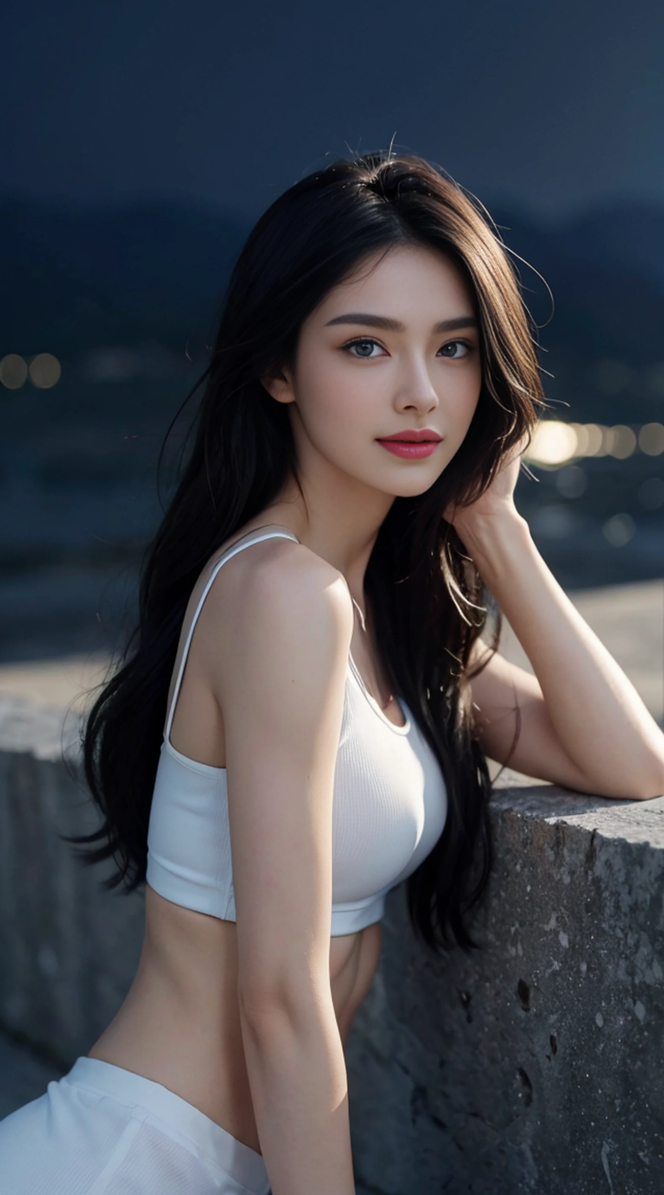 8K, Top Quality, Intricate Details, Ultra Detail, Ultra High Resolution, Masterpiece, random angle, Slender, Smile, (Makeup: 0.4), (Fluffy Blue Eyes: 1.21), blue Eyes, looking at viewer, ((full body)), 1girl, solo, 1 girl, (( full body)), close up shot, sitting, on side, ((tall)), (((fit body))), (((slim face))), sharp face, sharp eyes, (((black hair, long hair, )) (detailed face), sharp face, small lips,
((crop top)), detailed face, detailed breast, , large breast, detail ass, , Beautiful girl with accentuated slender abs: 1.4, Six Pack Abs: 1.4, Bust Botox, Big, Perfect Body, detail leg, (( moonlight)), top of mountain