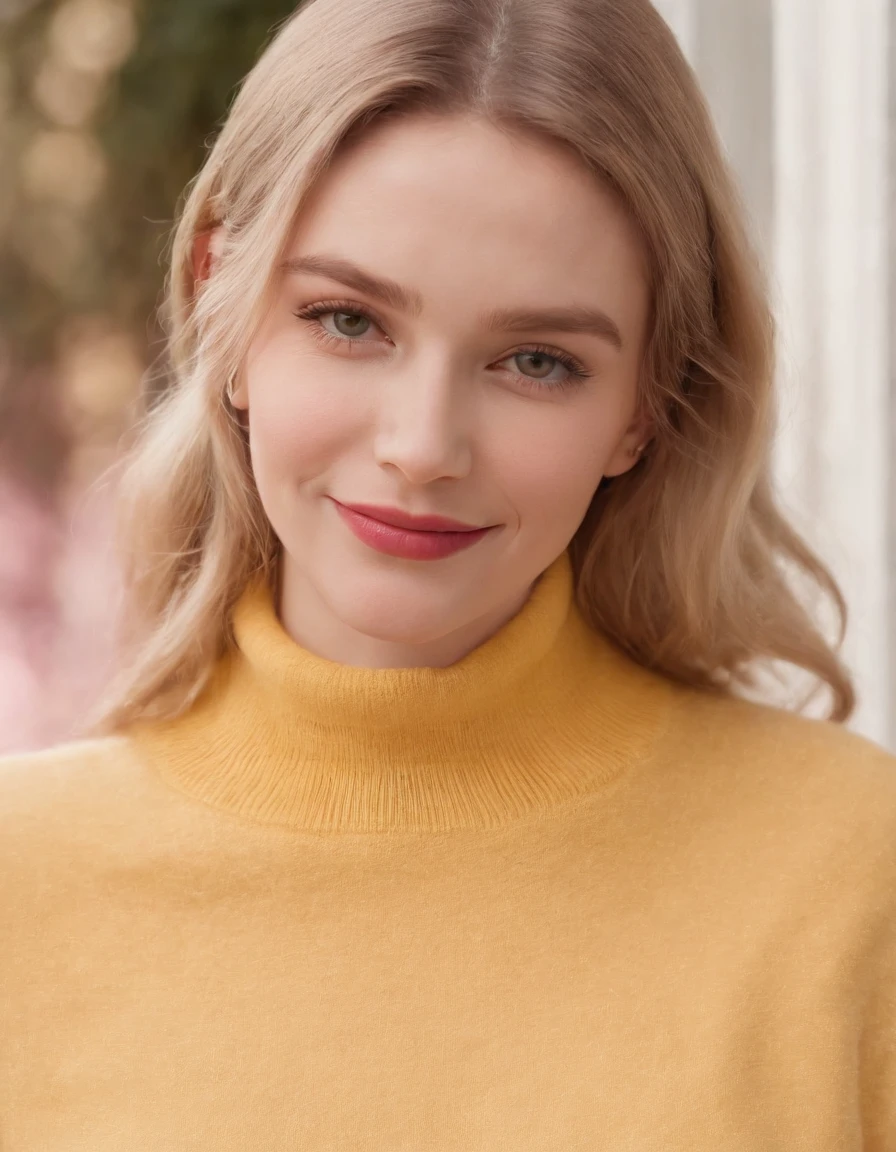 A surreal photo of smiling young woman wearing high heels and yellow sweater on pink background, styled by Patricia Piccinini, minimalist background, flickr, Loretta Lux, noise photography, Emotional face, Daniela Uhlig, ultra high definition photo, clean sharp focus, I can't believe how beautiful this is, HDR, (upper body)