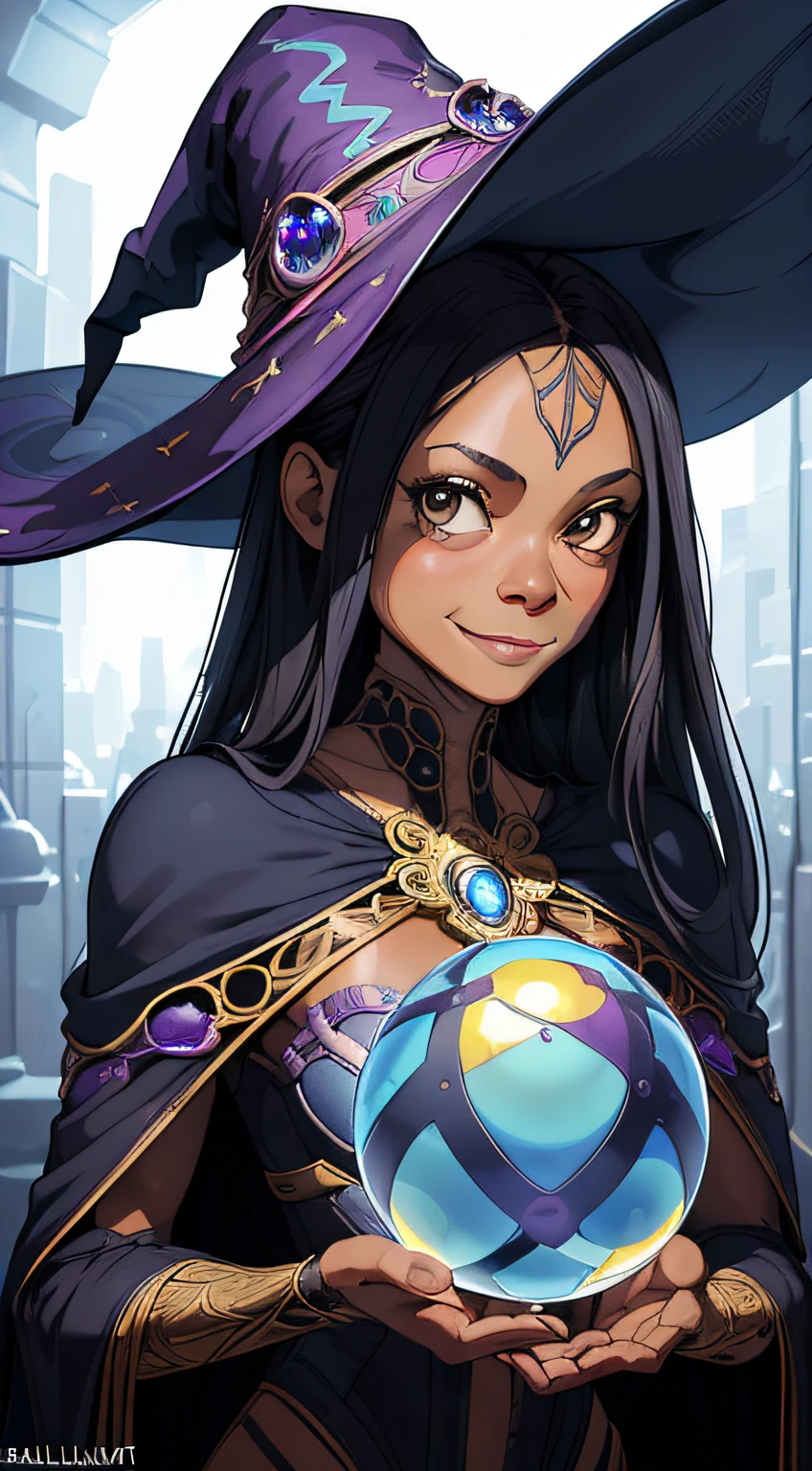 ((masterpiece, best quality)),(complex lighting),line art,solo, smile,1girl,zoe saldana,3 0 years,witch suit,looking into a cristal ball,gront view,intricate,4k