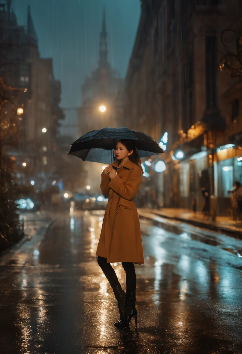 (8K, RAW photo, Best quality, Masterpiece:1.2), (Realistic, photo-realistic:1.37), Omertosa, 1girll, (Kpop idol), (aegyo sal:1), Cute, Cityscape, rain, Wet, Professional lighting, フォトンマッピング, ラジオシティ, Physically-based rendering,,
