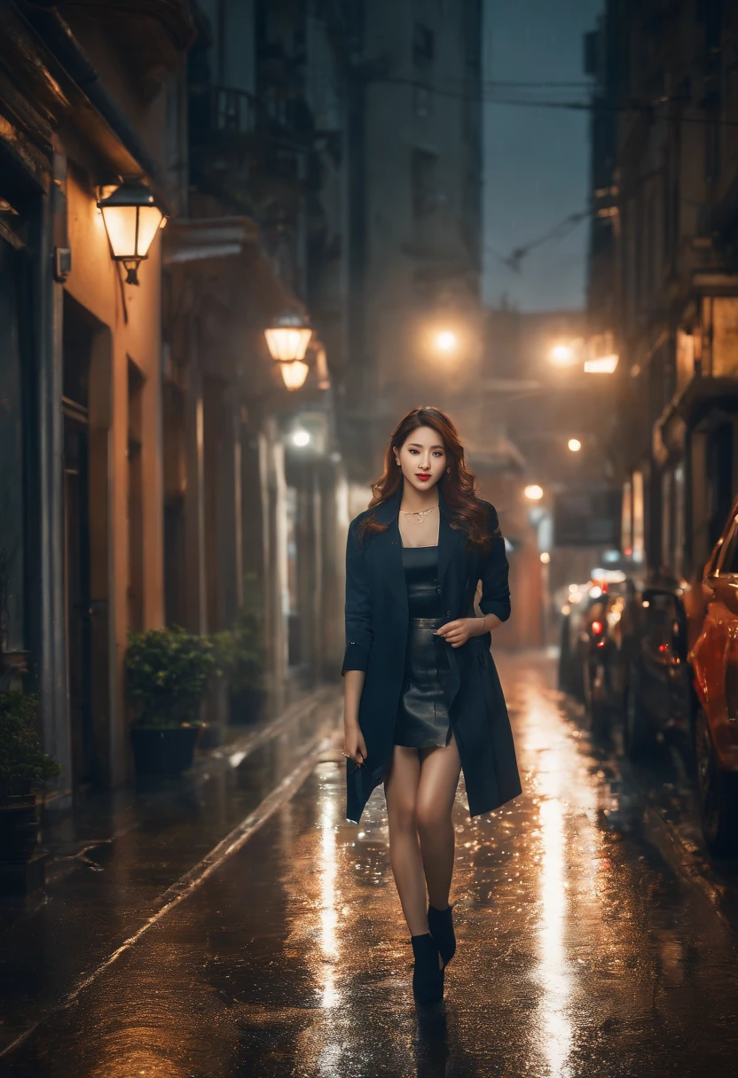 (8K, RAW photo, Best quality, Masterpiece:1.2), (Realistic, photo-realistic:1.37), Omertosa, 1girll, (Kpop idol), (aegyo sal:1), Cute, Cityscape, rain, Wet, Professional lighting, フォトンマッピング, ラジオシティ, Physically-based rendering,,