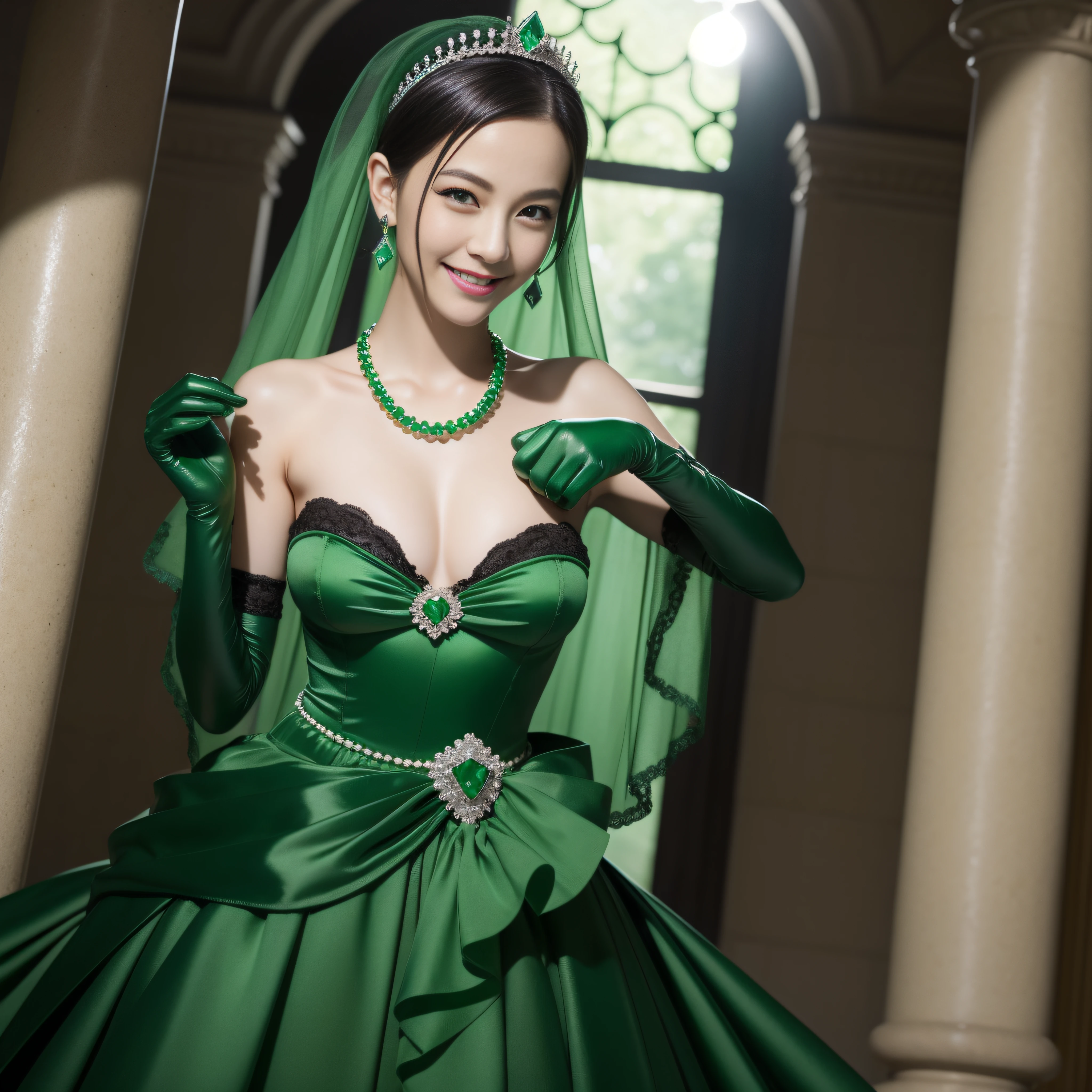 emerald tiara, Green Pearl Necklace, Boyish very short black hair, lipsticks, Japan woman smiling, Long green gloves made of satin material, very short short hair, Guts Pose, Green eyes, big breasts beautiful