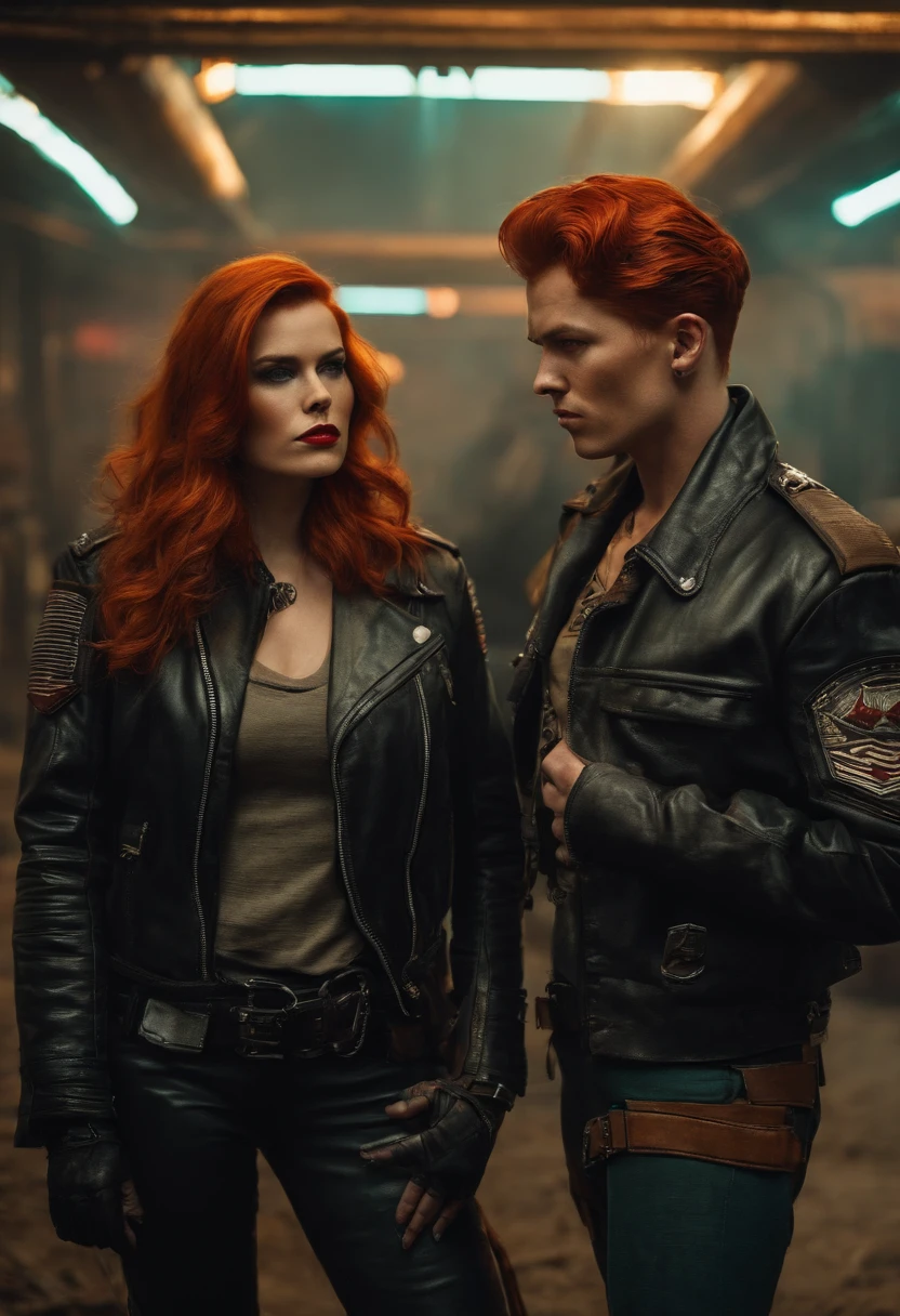 Wasteland outlaws, Red hair, Black leather jacket, patches, retro-futurism, Fallout, 50s