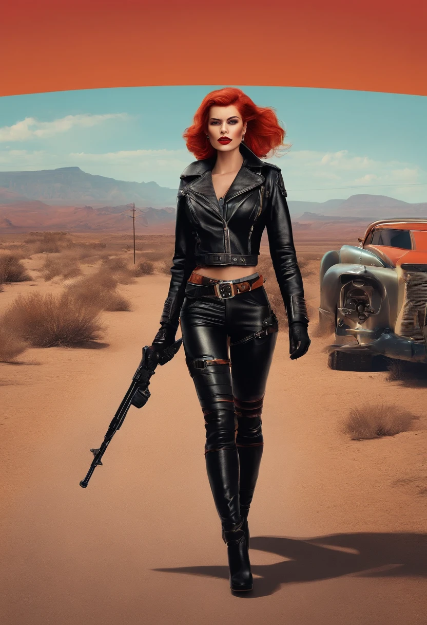 Wasteland outlaws, Red hair, Black leather jacket, patches, retro-futurism, Fallout, 50s