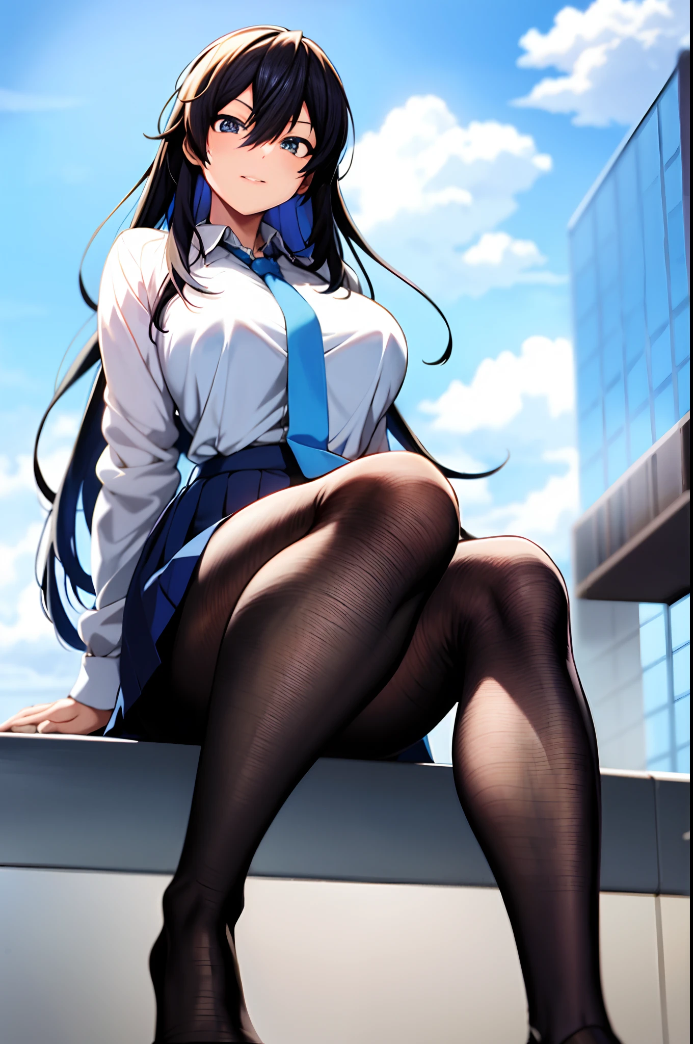 Anime girl with blue hair and blue tie sitting on the ground, feet posing,, low view, Low angle, nagatoro, high soles, detailed legs towering over you, low perspective, detailed foot pov, detailed legs looming over you, feet art, [ 4 K digital art ]!!, very low angle