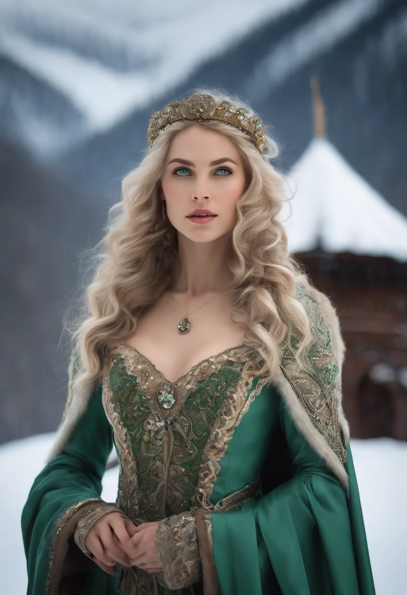 Vintage style fantasy, Masterpiece, Magnificent art, Best quality, 1girll, Close up girl Nordic princess, Scandinavian mountains, Winter weather, symmetrical and hyper detailed face, Silky skin like peach silk, Energetic and aggressive green eyes, Gray and messy hair that goes all the way to the waist, Sculptural body, (spark of light: 0.7), Adobe illustration, Trand on Artstation, 8K, HD, hyper HD, Cool soft lighting, --q 500 --s 100, -