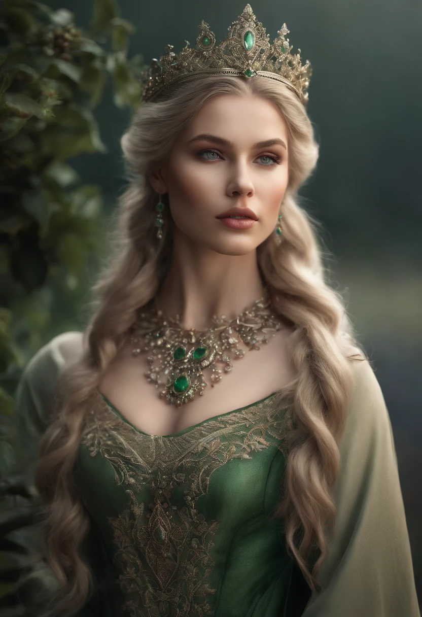 Vintage style fantasy, Masterpiece, Magnificent art, Best quality, 1girll, Close up girl Nordic princess, Scandinavian mountains, Winter weather, symmetrical and hyper detailed face, Silky skin like peach silk, Energetic and aggressive green eyes, Gray and messy hair that goes all the way to the waist, Sculptural body, (spark of light: 0.7), Adobe illustration, Trand on Artstation, 8K, HD, hyper HD, Cool soft lighting, --q 500 --s 100, -