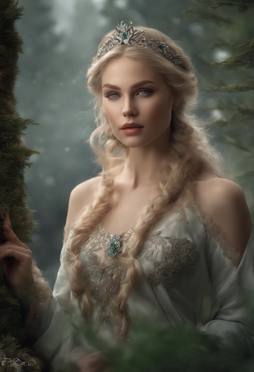 Vintage style fantasy, Masterpiece, Magnificent art, Best quality, 1girll, Close up girl Nordic princess, Scandinavian mountains, Winter weather, symmetrical and hyper detailed face, Silky skin like peach silk, Energetic and aggressive green eyes, Gray and messy hair that goes all the way to the waist, Sculptural body, (spark of light: 0.7), Adobe illustration, Trand on Artstation, 8K, HD, hyper HD, Cool soft lighting,  --q 500 --s 100, -