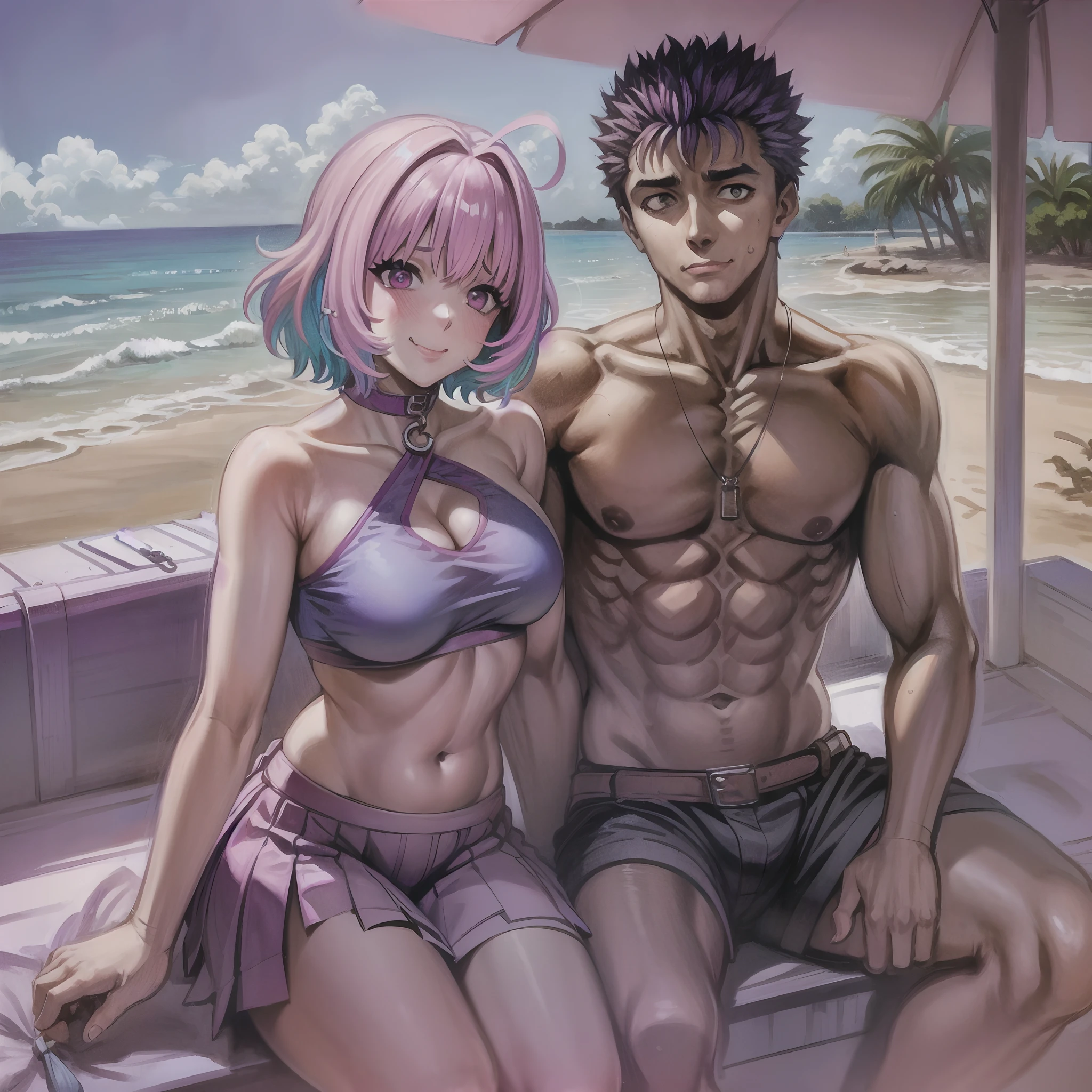 masterpiece, best quality, 1girl, riamu, blue shirt, pleated skirt, solo, simple background, bikini, beach, riamu and guts, husband and wife, couple happy in a beach, , purple hair,1boy, sitting in couple, affection, love,relationship, lovey dovey, happy, , smile