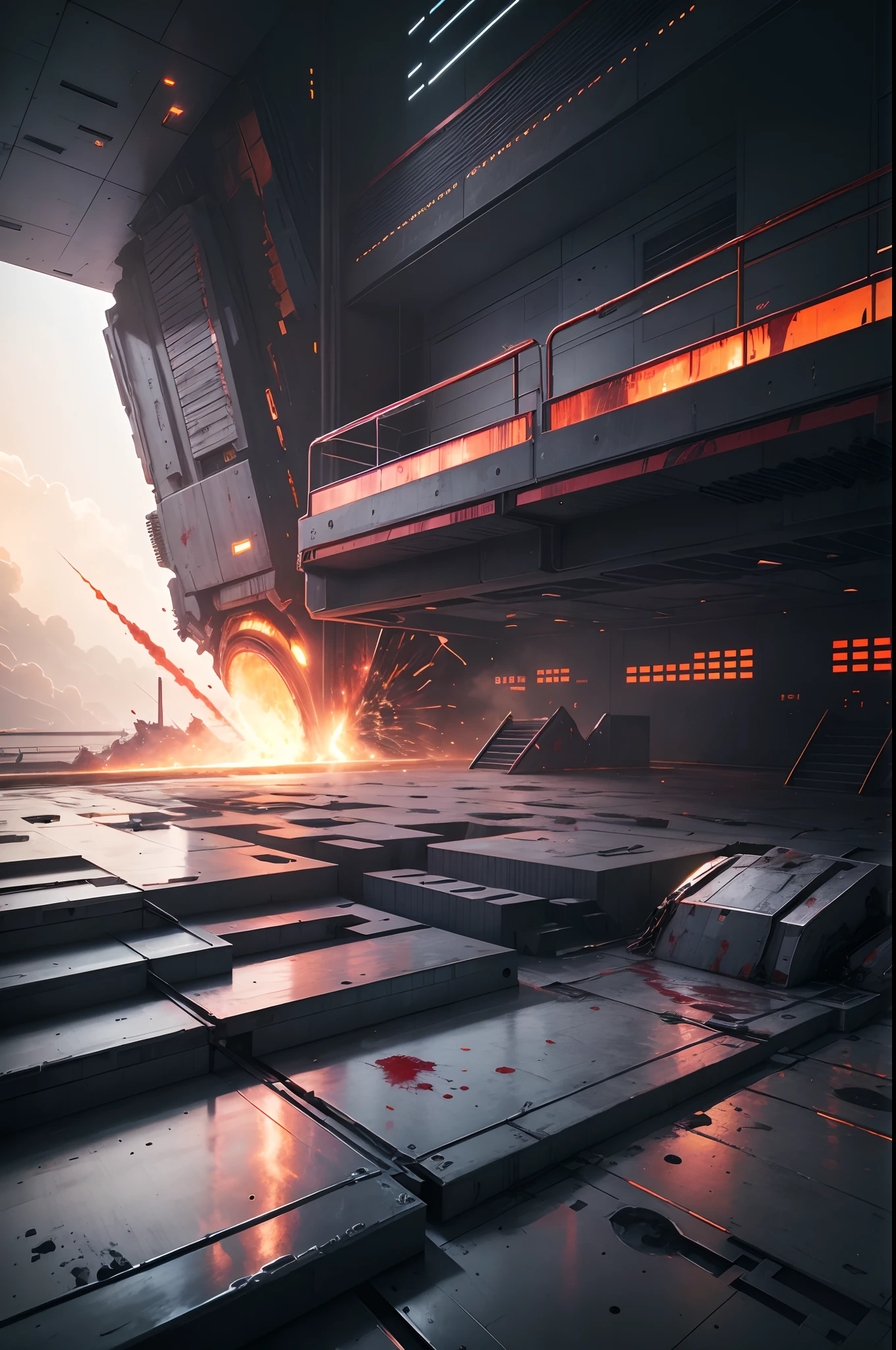metal floor，Bleeding workers，The face is bloodless，Exploding starship，Galactic Cantilever，disaster，Escaped astronauts
