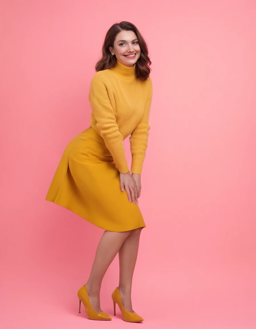 A surreal photo of smiling young woman wearing high heels and yellow sweater on pink background, styled by Patricia Piccinini, minimalist background, flickr, Loretta Lux, noise photography, Emotional face, Daniela Uhlig, ultra high definition photo, clean sharp focus, I can't believe how beautiful this is, HDR, (upper body)