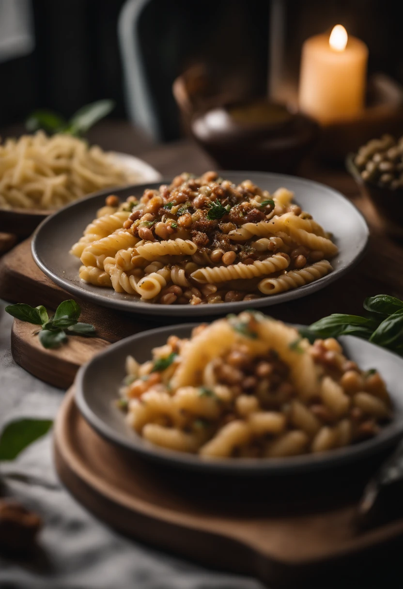 pasta and beans  and dukkah plate, on table outside, using the Sony Alpha A7R IV, food photograpy style, macro lens, close up shot 50mm f/ 1, 4