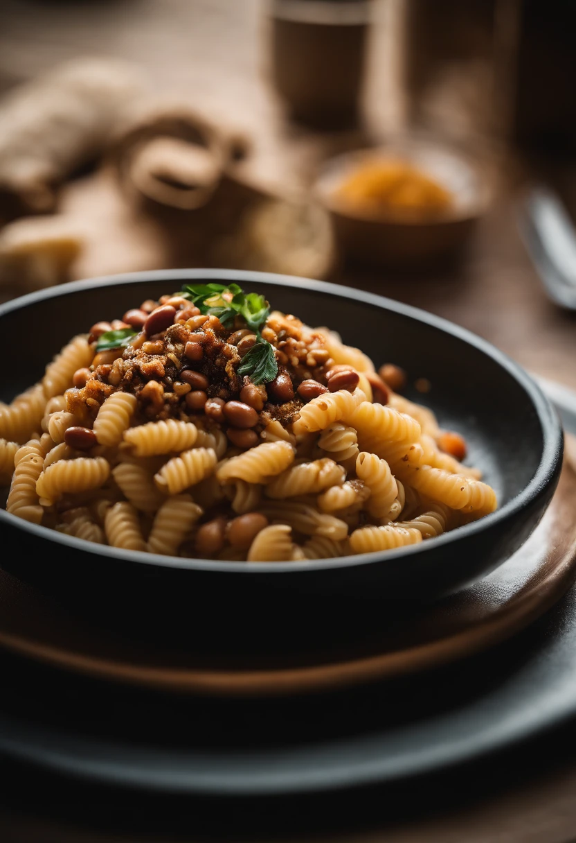 pasta and beans  and dukkah plate, on table outside, using the Sony Alpha A7R IV, food photograpy style, macro lens, close up shot 50mm f/ 1, 4