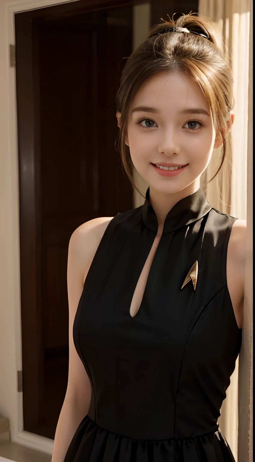 1 pretty girl,white skinned,brown hair,looking at viewer,pony tail, happy smile, elegant black evening dress, star trek