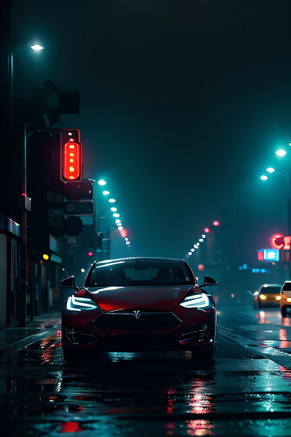tesla car,k hd,8K,Hyper-realistic and realistic,The background is a metropolis,Neon lights and rain-dripping streets、Cinematic atmosphere