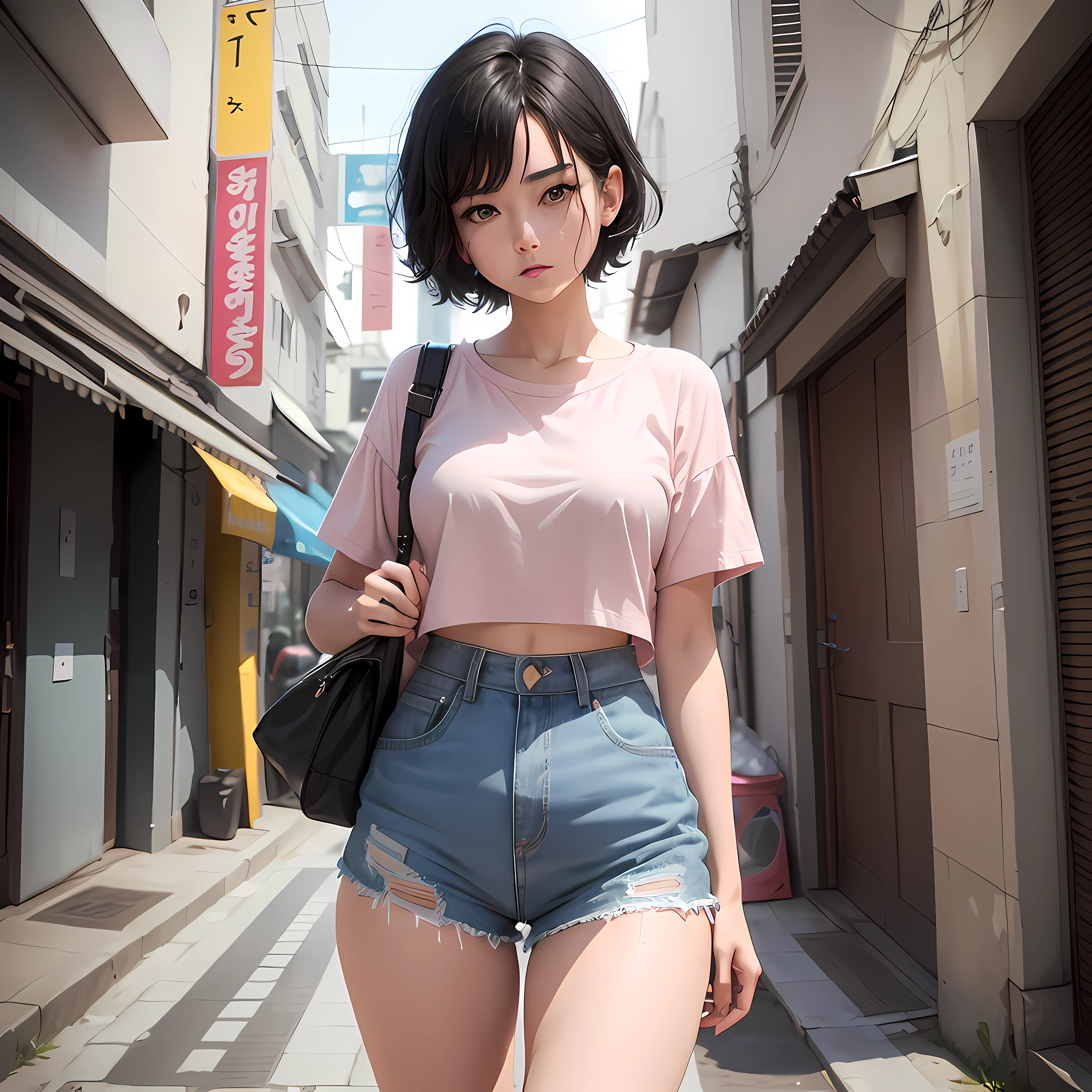 ((masterpiece, best quality)),((highres:1.2)), 1 Girl, solo, Blurred Background, (((Small breasts))), Thighs, (Stripe underwear), Print T-Shirts, nipple