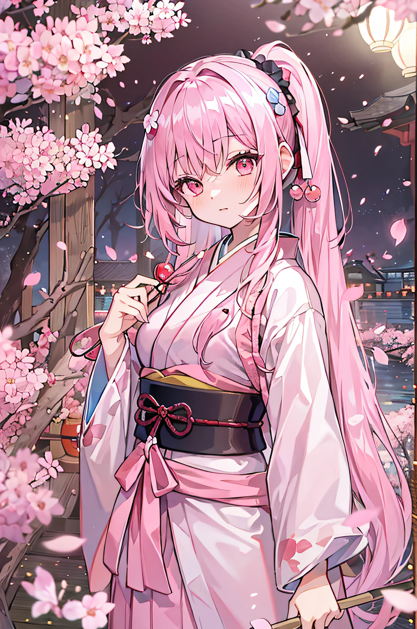 Pale pink eyes,Cherry blossom lantern hakama,Long-edged ponytail,A pink-haired,clogs,gentle expressions,Cherry blossom forest,the night,Pink bow headband,full bodyesbian,Japanese-style village,Lanterns,half-close eyes,bit girl