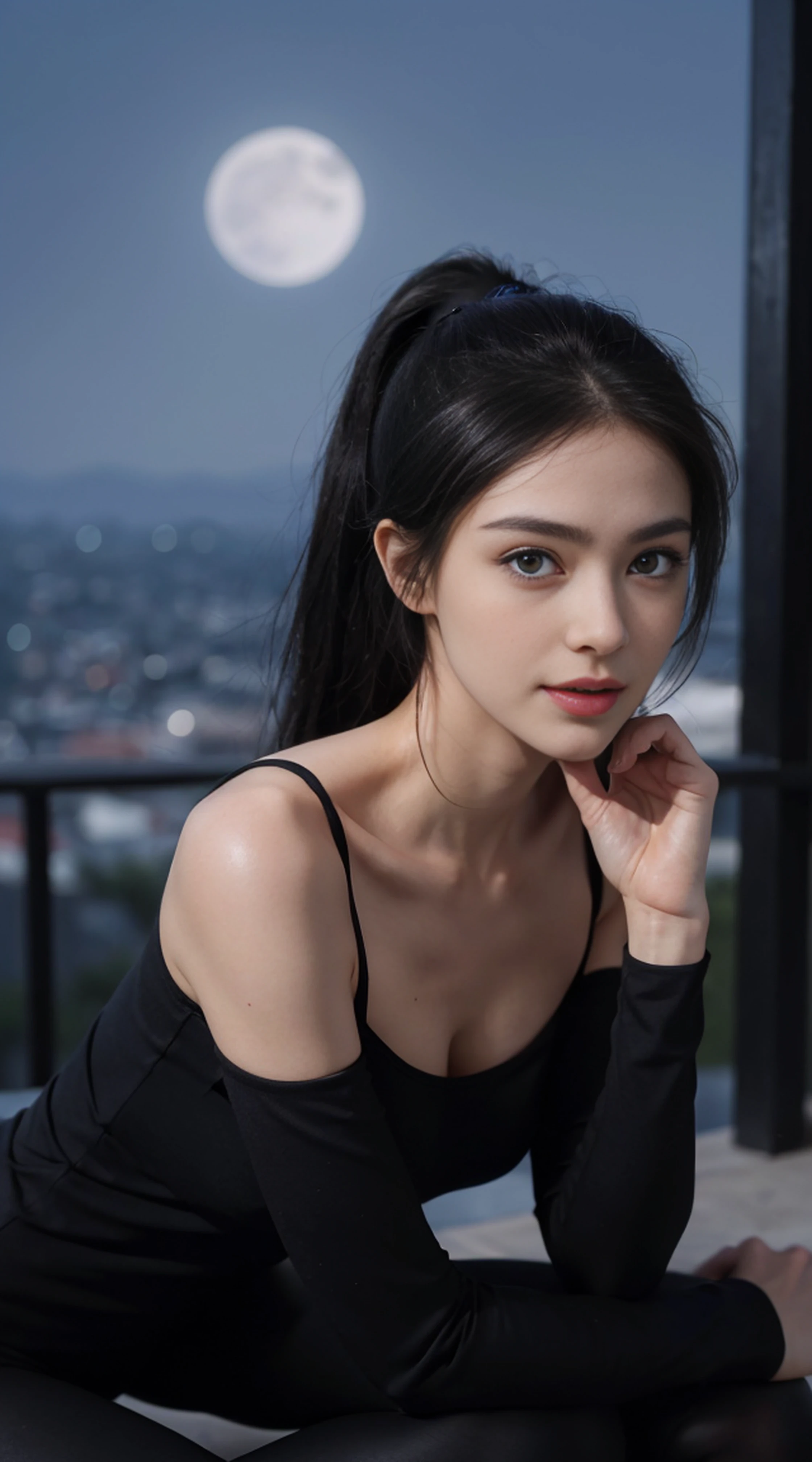 8K, Top Quality, Intricate Details, Ultra Detail, Ultra High Resolution, Masterpiece, random angle, Slender, Smile, (Makeup: 0.4), (Fluffy Blue Eyes: 1.21), blue Eyes,, ((full body)), 1girl, solo, 1 girl, (( full body)), close-up shot, kneeling , , ((tall)), (((fit body))), (((slim face))), sharp face, sharp eyes, (((black hair, long hair, high ponytail , )) (detailed face), sharp face, small lips, thin lips,
(( Leggings )), detailed face, detailed breast, , large breast, detail, , Beautiful girl with accentuated slender abs: 1.4, Six Pack Abs: 1.4, Bust Botox, Big, Perfect Body, detail leg, (( moonlight)), top of mountain
