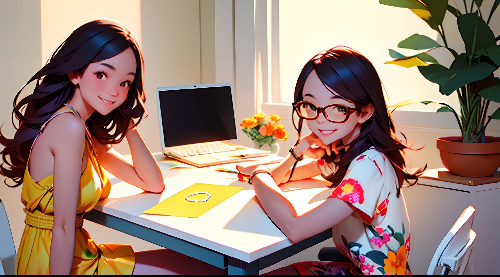 photoRealstic、Sit at your desk and enjoy studying with friends、A smile、up of face、Floral dress、flower petals、season!!: 夏天☀ 🍂