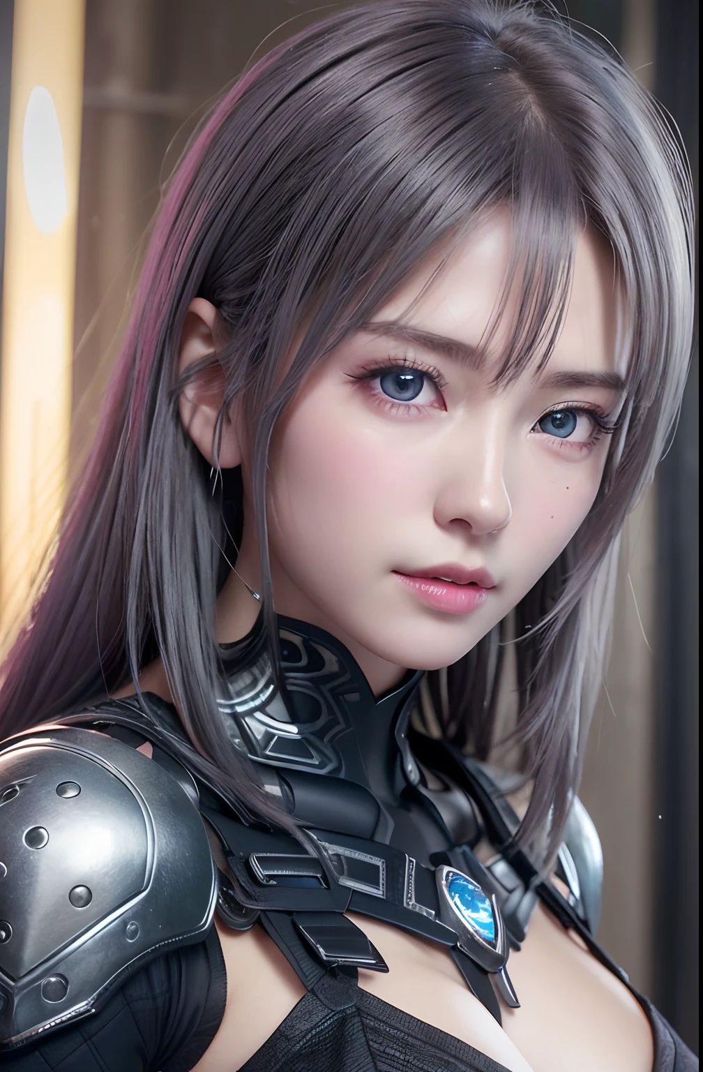 top-quality、8K Masterpiece、超A high resolution、(Photorealsitic:1.3)、Raw photo、1人、silver white hair、glowy skin、1 Cyberpunk Super Beautiful Soldier、((super realistic details))、portlate、globalillumination、Shadow、octan render、8K、ultrasharp、beauty breast、Raw skin is exposed in cleavage、metals、cold color、、highly intricate detail、Realistic light、CGSoation Trends、Beautiful eyes、radiant eyes、Facing the camera、neon details、
